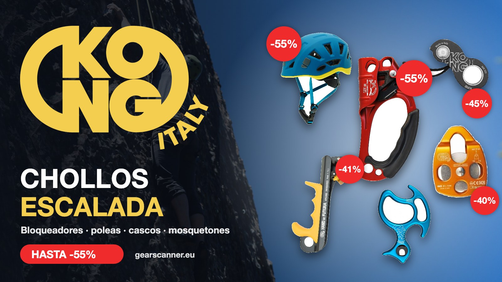 Chollos escalada KONG: hasta -55% en bloqueadores, poleas, cascos y mosquetones